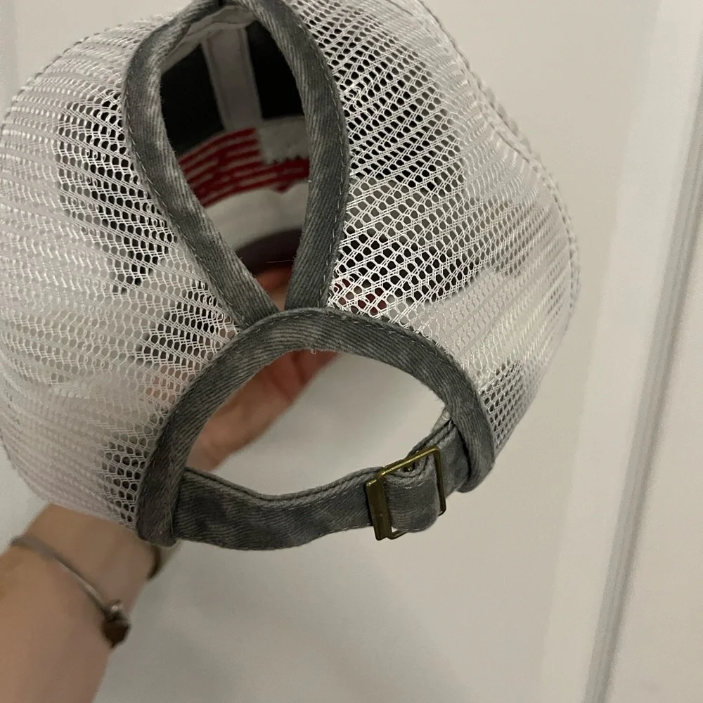 New without tags Ballcap Gray Distressed American Flag Patch with bun hole - Picture 7 of 12